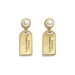 Fashion new design gold vintage pearl earrings Engraved letters Rectangular metal pendant earrings ForParty Wedding Jewelry Gift