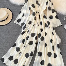 Kvinnans vår sommarpolka dot jumpsuit långärmad elegant avslappnad lös overaller kvinnliga strand semester rompers mode kläder 220714