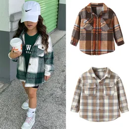 Jackets 2-7Y Fashion Autumn Children Girl Boy Warm Coat Plaid Long Sleeve Pocket Button Turn-down Collar Shirts Jacket Tops Outwear 220826