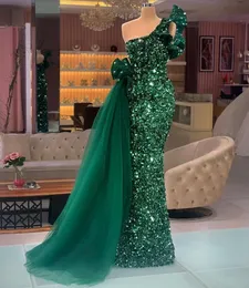 Dark Green Mermaid Evening Formal Dresses One Shoulder Luxury Sequins Velvet Floor Length Prom Pageant Gown Custom Made Robe De Soiree Vestido De Fiesta