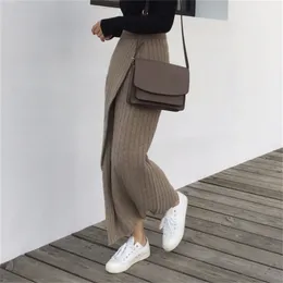 Qooth Autumn Winter Knitting Skirt High Waist OL Long Pencil Skirt Women Open Slit Knitted Casual Vintage Maxi Skirt QH1699 210306