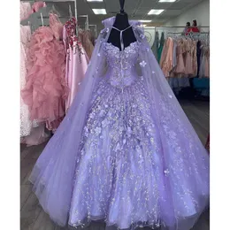 Princesa Lavanda Quinceanera Doce 16 Vestidos 3D Laço Floral Apliques Off Ombro Brithday Vestidos com Envoltório Lace-Up Flores Prom Bola Vestido 7º Vestido