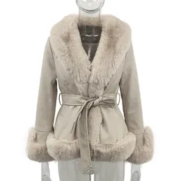2022 冬のフェイクファー Pu レザーショートジャケット女性のファッションコートエレガントなポケット厚く暖かい女性のジャケット + ベルト母の日のギフト