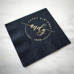 50Pcs Personalized Birthday Napkins Baby Birthday Party Bridal Shower Wedding Table Decoration Custom Gold Printed Black Napkins 220712