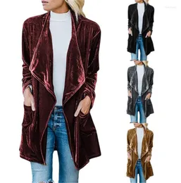 Frauen Graben Mäntel Weibliche Lange Feste Farbe Strickjacke Drehen Unten Kragen Taschen Goldenen Samt Oberbekleidung Warnen Winter Mujer Mantel 2022