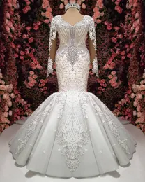 럭셔리 아랍어 두바이 크리스탈 인어 웨딩 드레스 2022 긴 소매 레이스 아플리케 수제 3D 꽃 신부 가운 가운 드 마리레
