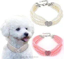 Pies Pearls Naszyjnik biżuteria Bling Dog Wedding Collars dla małych psów Dziewczyna z kryształką serce urok Teacup Puppy Chihuahua Yorkie Ubrania Akcesoria Białe B146