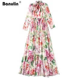 Banulin Runway Maxi Dresses Summer Women Floral Print Sashes Robe Femme Boho Holiday Big Swing Chiffon Long Virts + وشاح 220516