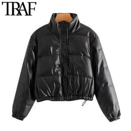 TRAF Women Fashion Leather Shicay Warm Warm Pated Jacket Coat Vintage Long Sleeve Long Elasty Ender Wear Ofterear Top 210908