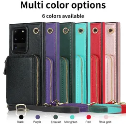 Samsung Galaxy S22 S21 S20 Note20 Ultra Note10 için Şok geçirmez Telefon Kılıfları Plus Düz Renkli PU Deri Stand Koruyucu Kılıf Fermuar Para Çantası ve Omuz Kayışı