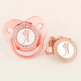 Pacifiers# Rose Gold Crown 26 Name Initial Letter Baby Pacifier With Clip Food Grade Silicone Dummy Soother Bling Unique GiftPacifiers#