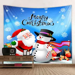 Tappeto da muro natalizio Sfondo di Babbo Natale e pupazzo di neve Tappeti appesi stampati Decorazione della casa Boho Coperta grande J220804
