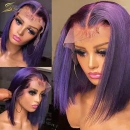 Colored Purple Human Hair Wigs For Black Women HD Transparent Lace Front Deep Part Short Bob Straight Glueless Pre Plucked