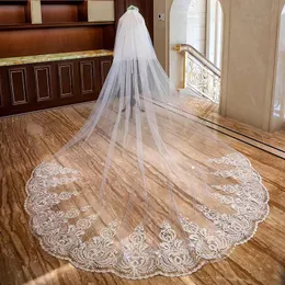 2022 Real Image Luxury Romantic Bridal Veils Wedding Hair Accessories White Ivory Long Crystal Beaded Lace Tulle Cathedral Length 3 M Church Veil With Comb