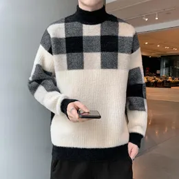 Men's Sweaters Bd-5519 Men Knitted Sweater Korean Style Personality Plaid Daily Handsome Boyfriend Trendy Fashion Brand Mock Neck KnitwearMe