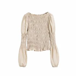new women solid elastic slim smock Shirts blouses women puff sleeve pullover roupas agaric lace femininas chemise tops LS6468 201202