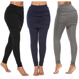 Designer falso dois pedaços leggings fino lápis calças mulheres leggings pantalon pack quadril quadril saia plissada senhoras sólido cor sid sid