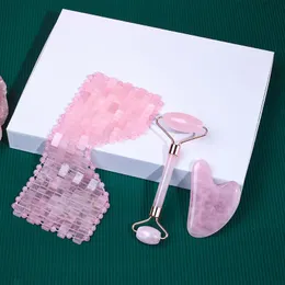 Best Selling Beauty Health Care Tools Natural Gemstone Crystal Beads Rose Quartz Eye Masks Jade Stone Mask Set Facial Pink Jade Roller and Gua Sha Massage Tools