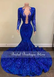 Royal Blue Sparkly Sequins Mermaid Prom Dress 2022 för svarta tjejer Aso Ebi Party Dress African Evening Gowns Formell Robe de Bal 0415