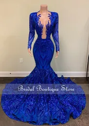 Kraliyet Mavi Sparkly Sequins Mermaid Balo Elbise 2022 Siyah Kızlar için Aso Ebi Parti Elbise Afrika Abiye giyim Örgün Robe de Bal 0415