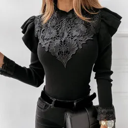 T-shirt da donna Ruffles Solid Donna manica lunga in pizzo T-shirt donna O-Collo lavorato a maglia nero aderente Top Fashion Skinny Autunno Inverno Camicie XX