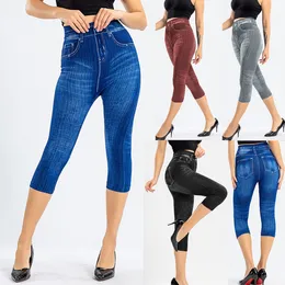 Kvinnors jeans denim trycker leggings smala faux jeans sträcka tryckta korta byxor sommarbyxor mode mode