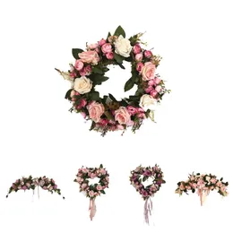 Decorative Flowers & Wreaths Rose Wreath Lintel Artificial Flower Plants Heart-shaped Bowknot Wedding Decor Garland Restaurant Home Door Wal