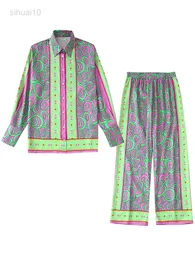 2022 Estate Donna Verde Pantaloni Abiti Camicetta sWide Pompino Pantaloni a vita alta Moda Donna Set da 2 pezzi Abbigliamento donna allentato L220725