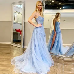 Nowy Luksusowy Long Light Blue A Line Prom Dresses Spaghetti Pasek Kobiety Formalne Party Vestidos de Gala Evening Dress Robe de Soiree