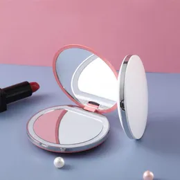 Kompakta speglar Portable Mini Makeup Mirror Pocket USB debiterbar tvåsidig vikning med LED-ljus kosmetik för presentkompakt