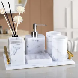 Förvaringslådor fack lyxigt harts badrumstillbehör Set Tray 5st Nordic White Marble Texture Kit Soap Dispenser TrayStorage