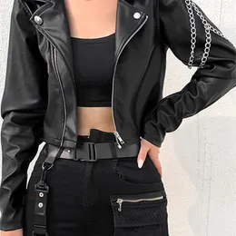 Vangull Faux Leather Cropped Jacket Women Punk Harajuku Black Coat Woman Gothic Long Sleeve Overcoat With Chains Outwears Tops 220815