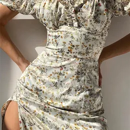 Wannathis yaz çiçek kapalı omuz puflu kolu maxi elbise için kadın elbise seksi dantel yukarı yan bölünmüş şık orta calf estetik elbise 220527