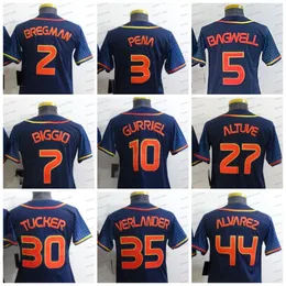 2 Alex Bregman Camisa de beisebol Kyle Tucker 27 Jose Altuve Yuli Gurriel Jeff Bagwell Azul Uniformes esportivos ao ar livre Qualidade 2022 Novas camisas femininas juvenis