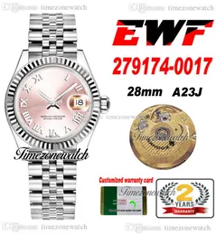 EWF 28 279174-0017 A23J Automático Womens Senhoras Assista Fluted Bezel Pink Dial Silver Roman Jubileestael Bracelet com Mesma Cartão Serial Super Edition TimeZoneWatch
