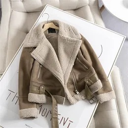 Ailegogo Winter Women Thick Warm Vintage Suede Lamb Biker Jacket Coat Chic Sashes Casual Loose Faux Leather Outwear Tops Female 220815