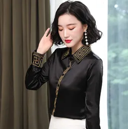 2023 vintage bordado preto camisa de seda feminina designer manga longa botão frente blusas topo escritório senhoras turn-down colarinho camisas casuais estilo coreano moda topos