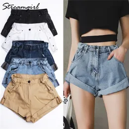 Streamgirl denim shorts kvinnors vita korta jeans kaki bred ben elastiska midja vintage hög sommar 220622