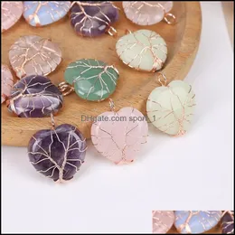 Charms Jewelry Findings Components Wire Wrapped Natural Stone Heart Tree Of Life Pendant Healing Chakra Crystal Ameth Dhxe2