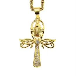 316 Rostfritt stål Ancient Egyptian Scarab Hip Hop Ankh Pendants Religious Cross Agypt Beatles Pendent Charm Necklace With CZ Gold Color Jewelry