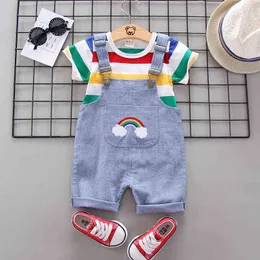 Småbarn Baby Boys Girls Clothing Set Sweet Kids Rainbow Stripe Tops T-shirt Bib Pants Outfits Set Short Sleeve Casual Soft Set G220509