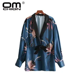 Damskie Bluzki Koszule Omchion Drukowane V Neck Kimono Cardigan 2022 Lato Z Długim Rękawem Moda Bluzka Kobiety Casual Luźne Topy LS303