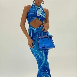 Nibber Y2k Sexy Beach Bodycon Abiti Donna Scava Fuori Spalle Backless Stampa Tie Dye Blu Maxi Abiti Estate 220406