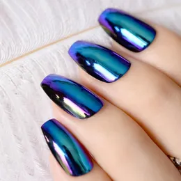 False Nails Ballerina Coffin Tips Mirror Chrome Reflection Nail Magic Effect Holo Blue Purple Fake Prud22