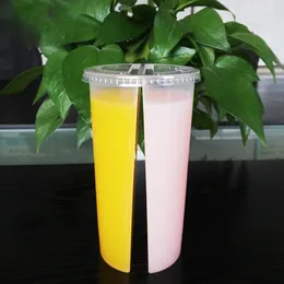 도매 700ml 일회용 플라스틱 컵 크리에이티브 스페셜 두께 이중 그리드 핫 콜드 음료 주스 주식 컵 커플 공유 컵 DH98
