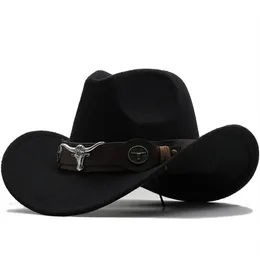 Wome Men Black Wool Chapeu Western Cowboy Hat Gentleman Jazz Sombrero Hombre Cap Dad Cowgirl Hats Rozmiar 5658cm 220813
