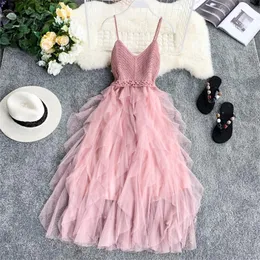 Sommar ärmlös Sling Gaze Tulle Dress Women Knit V Neck Sexig backless Long Es Sweet Mesh Pink Party Vestidos 220521