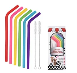 6pcs+2brush/set 23CM Candy Colors Silicone Straws Reusable Folded Bent Straight Straw Home Bar Accessory Silicone-Tube SN6540