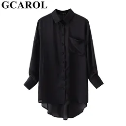 GCAROL Women Black Asymmetric Long Blus 30% Cotton Casual High Street Overdimensionerade GirlsBottoming Shirt Chic Tops 210326