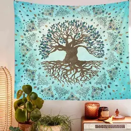 Boho dekoracja drzewa życiowa gobelin psychodeliczny niebieski turkusowy ścianę okładzin mandala dekoracje domowe koc dywan wiszący J220804